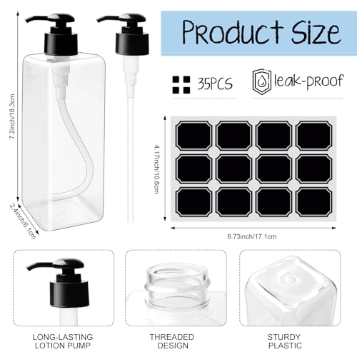 35 Pcs 16 oz Empty Plastic Pump Bottles Black Pumps with 3 Labels Refillable Lotion Shampoo Containers Clear Square Lotion Dispenser for Liquid Soap, Massage Oil, and Face Cream
