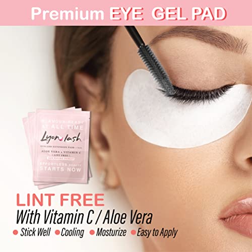 Lyon Lash Eyelash Extension Supplies 4x100 Packs - 100 Pairs Under Eye Gel Pads | 100 Disposable Mascara Brushes Wands | 100 Micro Applicators Brush | 100 Glue Ring Holder | 2 Medical Tapes