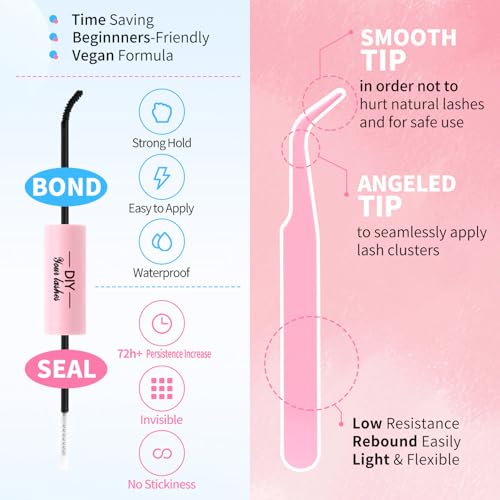 DIY Lash Extension Kit Volume Lash Clusters 30D+40D D Curl Individual 280 pcs Lashes Lash Clusters Kit Thick Eyelash Extension Kit Lash Bond Seal Lash Tweezers (300D&40D, Lash Kit)