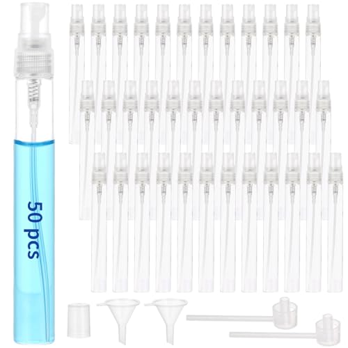 Lnrueg 50 Pcs Mini Spray Bottles, 0.3 oz/10 ml Refillable Glass Perfume Bottles, Portable Travel Sample Containers with Caps, Fine Mist Atomizers with 2 Funnels and 2 Dispensers, Transparent