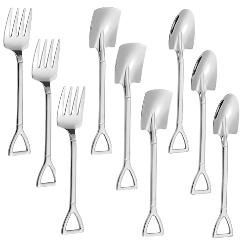 9Pcs Mini Stainless Steel Shovel Spoons Fork Reusable Tea Ice Cream Cake Fruit Desserts Spoon Server Mixing Spoon Tableware for Kitchen Restaurant Bistro Home Party, Silver