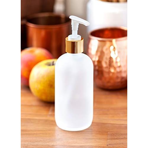 JUVITUS (4 pack) 8 oz Clear Frosted Glass Boston Round Bottle with Gold Lotion Pump