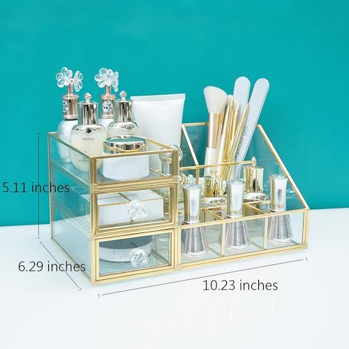 JIARI Glass Makeup Organizer with Drawer, Gold Frame Jewelry Display Box, Nordic Style Cosmetic Storage for Vanity Bathroom Bedroom Office, 10.23x6.29x5.11 Inches (Storage Box-A32)