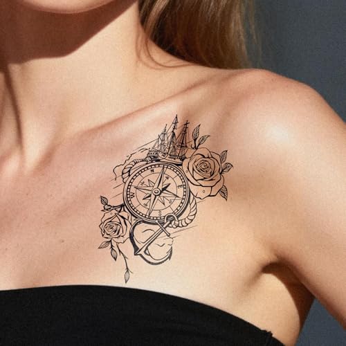 Semi Permanent Tattoos, 2 Sheets Large Realistic Compass Bird Anchor Rose Temporary Tattoos for Women Men Couple, 2 Weeks Wrist Arm Calf Fake Tattoos, Waterproof & Non-Reflective