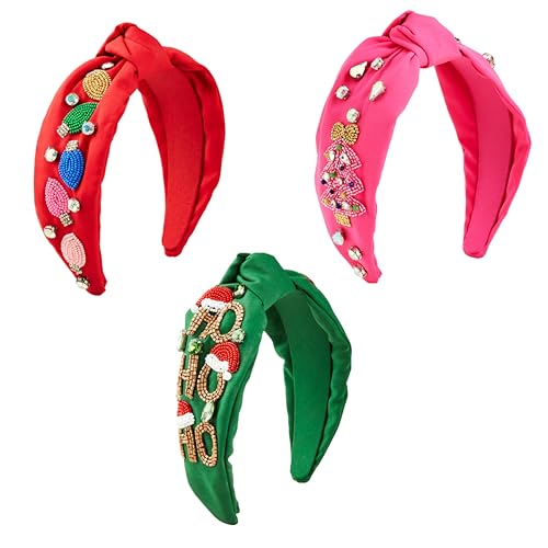 Mud Pie Women Holiday Beaded Headband, Pink, outer width 3" | knot height 1 1/4"