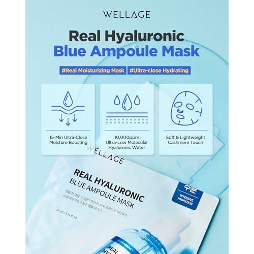 WELLAGE Real Hyaluronic Blue Ampoule Face Mask - Korean Hydratig Mask Moisture Boost with 10,000ppm Ultra-Low Molecular Hyaluronic Acid - Soft Vegan Cashmere Sheet for Sensitive Skin, 5 Sheets