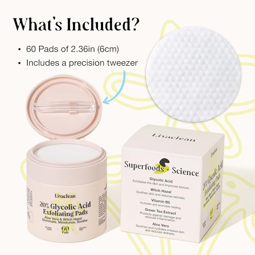 LivaClean 60 CT 20% Glycolic Acid Peel Pads with Aloe Vera ? Resurfacing Toner Pads for Face, Exfoliating Wipes for Fine Lines, Wrinkles, Large Pores, Textured Skin, Includes Tweezer