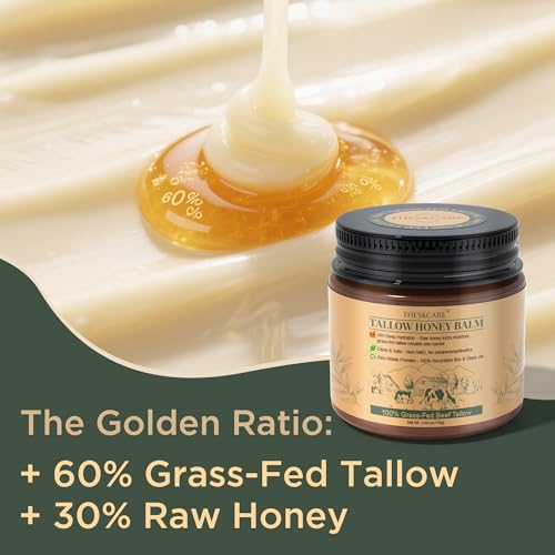 100% Natural Honey Tallow Balm Multi-Purpose Honey & Grass-Fed Tallow Balm Deep Hydration for Dry Skin, Cracked Hands All-Natural No Preservatives or Additives