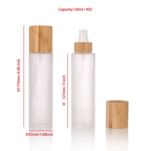 COSIDEA 4 pcs Empty 4oz /120ml bamboo lid Frosted glass spray bottle with fine mist despenser head for liquid perfume toiletries containers, toner bottles