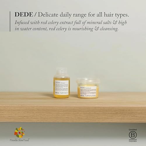 Davines DEDE Shampoo, Delicate Soft Lather Daily Cleanser for Medium Fine & Fine Hair - Gently Removes Impurities to Make Hair Light, Shiny, and Soft with Red Celery Extract, Travel Size, 2.54 Fl Oz