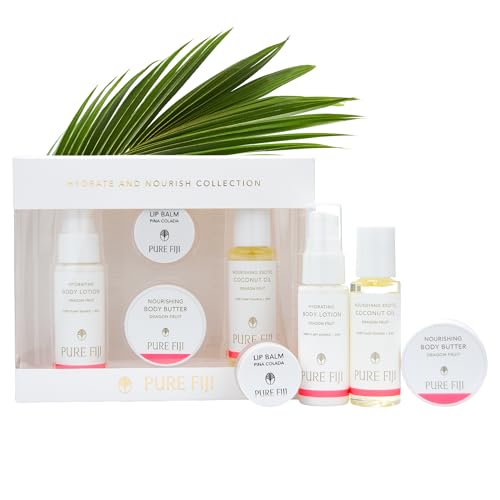 Pure Fiji Hydrate & Nourish Gift Skin Care Set 4 in 1 Include: Body Lotion, Body Butter, Nourishing Exotic Coconut Oil, Lip Balm, Christmas Gifts for Women - Dragon Fruit