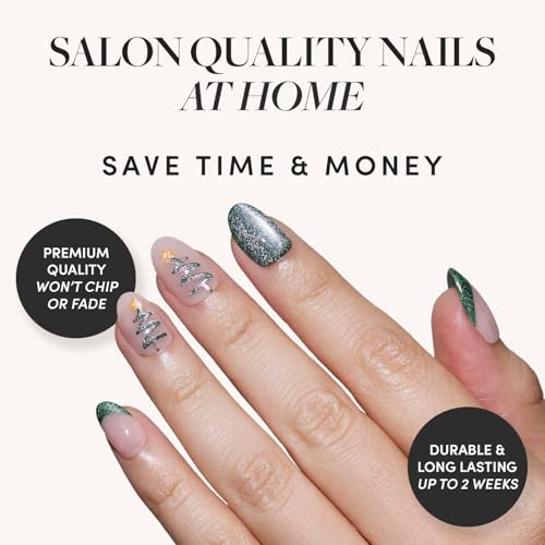 Glamnetic Press-On Nails Bundle - Velvet Pine & Fiery Red | Deep Green Short Oval Fake Nails with French Tips, Tree Designs & Velvet Finish | right Red Short Almond False Nails | Durable, Salon-Qualit