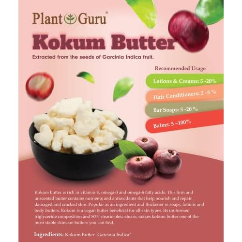Plant Guru Raw Kokum Butter 1 lb. Bar 100% Pure Natural - Great for Skin, Body and Hair Moisturizer, DIY Creams, Balms, Lotions and Soap Making.