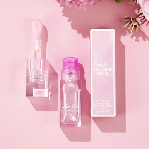 Moisturizing Nourishing Color Changing Lip Oil, Hydrating Lip Glow Oil£¬Upgraded Big Brush Head Warm Change Lip Gloss, Long Lasting Nourishing Plumping, Non-Sticky For Dry Lips (Pink, 0.23oz)