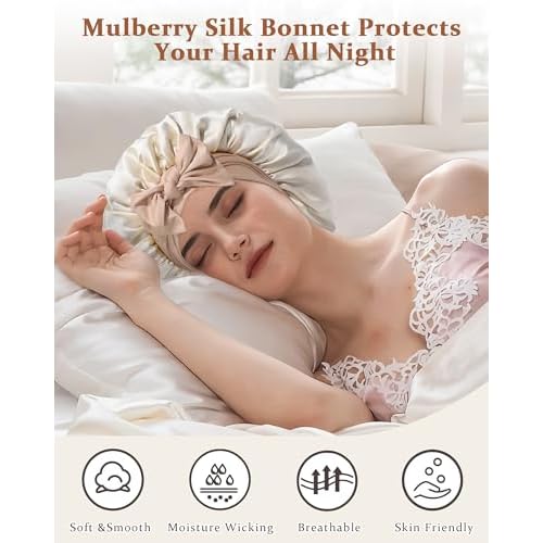 100% Mulberry Silk Bonnet for Sleeping Women Double Layer Silk Hair Bonnet Natural Silk Sleep Cap with Elastic Reversible Hair Wrap (Coffee + Champagne)