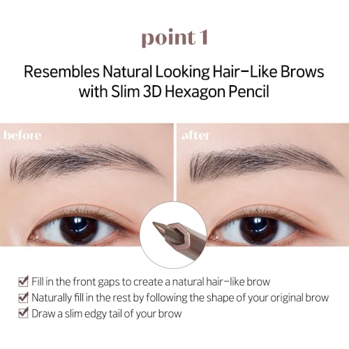 ETUDE Bare Edge Brow Pencil, Eyebrow Pencil, Slim 3D Hexagon, Natural Looking, Korean Makeup, Beauty, Grey Brown (0.003 Ounce)