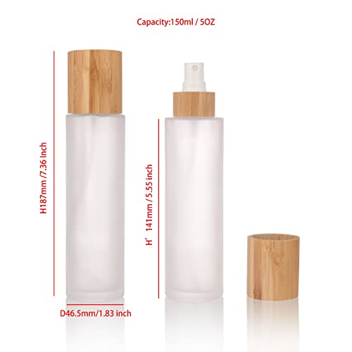 COSIDEA 4 pcs Empty5oz /150ml bamboo lid Frosted glass spray bottle with fine mist despenser head for liquid perfume toiletries containers, toner bottles