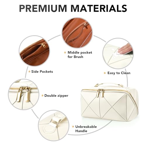 stona Travel Makeup Bag for Women, Large Capacity PU Leather Waterproof Checkered Cosmetic Bags, Portable Pouch Open Flat Toiletry Bag, Make up Organizer with Divider and Handle H3, Black-03