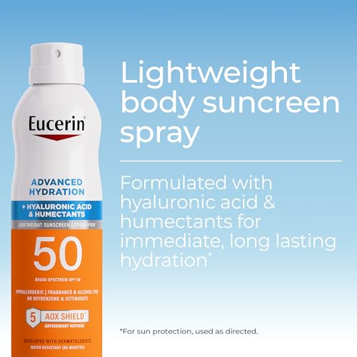 Eucerin Advanced Hydration SPF 50 Sunscreen Spray, Lightweight Spray Sunscreen with Hyaluronic Acid and Humectants, Hypoallergenic, Fragrance and Alcohol Free, 6 Oz Bottle