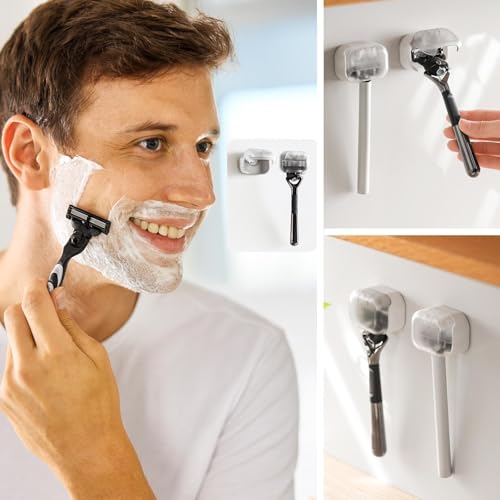 2 Pack Wall Mounted Razor Holder with Cover, Self Adhesive Razor Stand Shaver Organizer for Bathroom, Auto Closing Dust Cover Plastic Razor Organizer for Bathroom