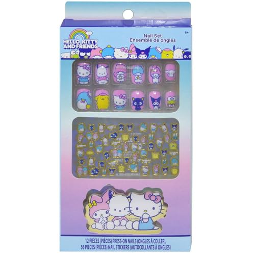 Hello Kitty Press-On Nails for Kids - Bundle with 12 Kitty Stick-On Nails Plus Nail Art Stickers, More