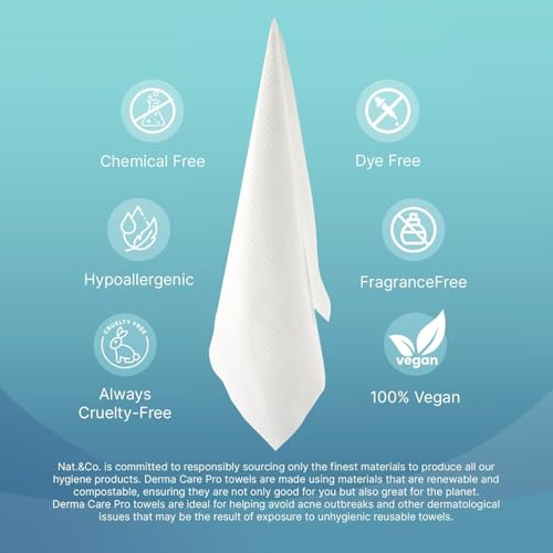 Nat.&Co. Derma Care Pro 100% USDA Biobased Material - Professional Grade Extra Large Face Towels - Bio-Based Towel, Makeup Remover Dry Wipes, Facial Wash Cloths for Sensitive and Clean Skin - 50 Count