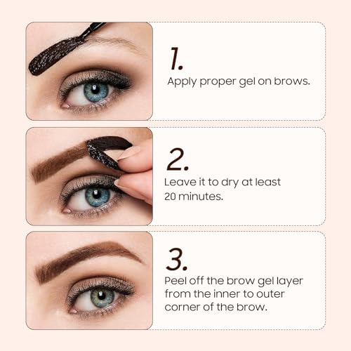 Eyebrow Gel - Easy Peel Off Tattoo Eyebrow Gel Waterproof & Transfer-Proof with Eyebrow Stencils, Create Full, Soft and Fuller & Defined-Looking Brows Makeup for Women & Girl (Gray Brown)