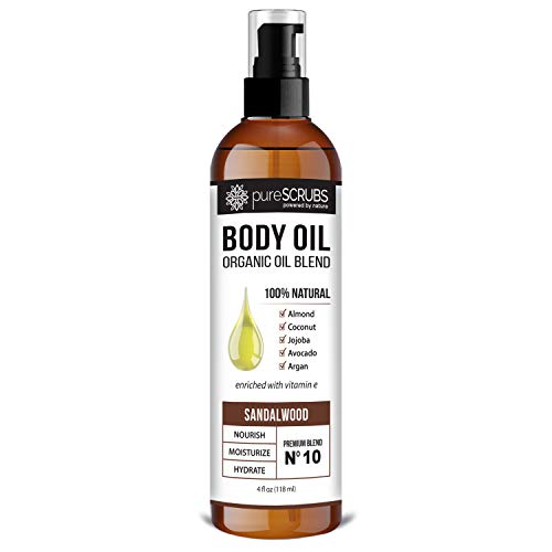 pureSCRUBS Ultra Moisturizing Sandalwood Body Oil Spray For Dry Skin, Massage, Cuticles & More, Organic Blend of Jojoba, Argan, Coconut, Sweet Almond & Avocado Oils Enriched with Vitamin E, Lg 4oz
