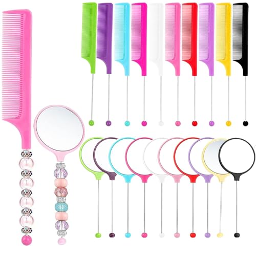 10 Pack Beadable Combs DIY with 10 Pack Beadable Handheld Mirrors Set Plastic Rat Tail Hand Handle for Crafts Portable Cute Travel Makeup Mirror Round, Colorful