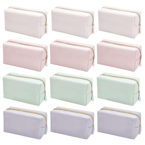 12Pcs 4 Color PU Leather Cosmetic Pouch, Makeup Bag Bulk Zipper Cosmetic Storage Bags Waterproof Small Portable Toiletry Pouch for Travel, Wedding Party Favors, Bridesmaid Gift