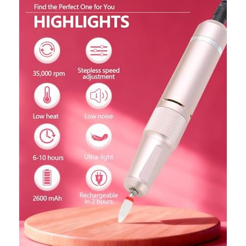 Professional Nail Drill High Torque 35000 RPM Rechargeable Portable Electric Nail File Filer for Acrylic Gel with Cuticle Bits, Salon Manicure Tool, Rose Gold
