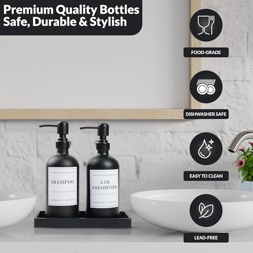 Ahill Soap Dispenser Set - Black Refillable Glass Bottle(2 PACK 16 Oz), Stainless Steel Pump, Waterproof Labels, Silicone Dry Tray - Upgrade for Your Kitchen and Bathroom