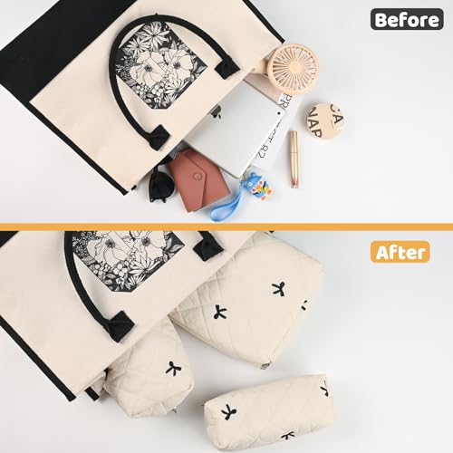 Quilted Makeup Bag Set,3 Pcs Puffy Cosmetic Bags Aesthetic Make Up Bags,Small Zipper Pouch,Travel Toiletry Bag Purse Organizer Pouches for Women (White-Bow)