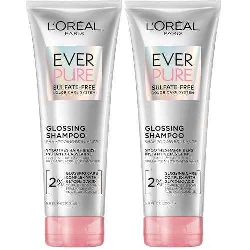L'Oreal Paris Glossing Sulfate Free Shampoo with Glycolic Acid, Hair Care for Lasting Shine and Smoothness for Dull, Dry Hair, EverPure, 6.8 Fl Oz, (Pack of 2)