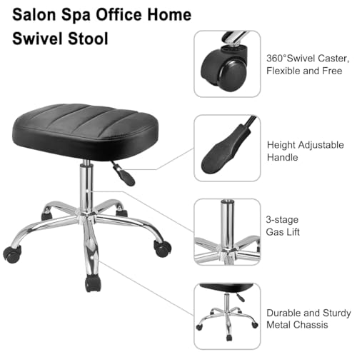 JOSTZHXIN Black Square Swivel Stool Height-Adjustable Rolling Chair, Rolling Stool for Work SPA Shop Massage, Office Tattoo Spa Shop Chair