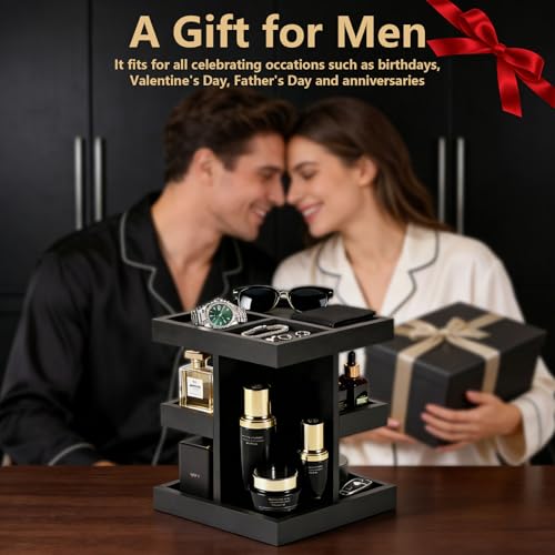 Black Cologne Organizer for Men, Cologne Rack Stand with 360¡Æ Rotate, 3 Tier Wooden Perfume Shelf, Desk Organizer, For Dad Husband Boyfriend Birthday Valentine's Day Gifts