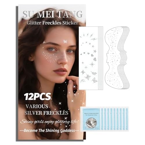 Glitter Freckles Face Tattoo Patches - 12PCS Temporary Sparkle Face Stickers with 10 Remover Wipes | Waterproof Festival Rave Party Makeup Accessories for Women Girls (Silver)