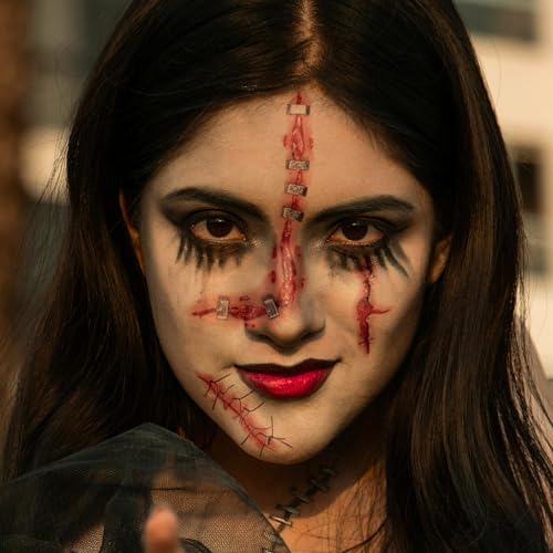 20 Sheets Halloween Scar Face Temporary Tattoos ? Realistic Bloody Wounds, Stitches, Bruises & Scratch Fake Tattoos for Zombie Makeup, Scar Makeup, Bride of Chucky Costume, Cosplay