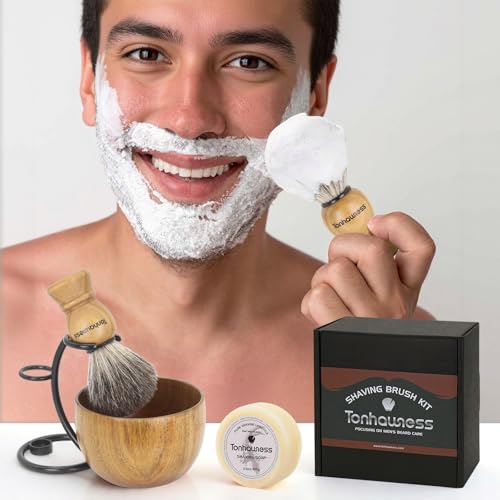 Shaving Brush Kit For Men, 4 In 1 Shaving Brushes Set Includes Badger Hair Shaving Brush, Wood Bowl, Stainless Steel Shaving Stand and Goat Milk Shaving Soap