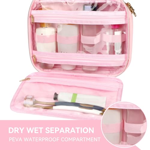 Voova Hanging Travel Toiletry Bag for Women Men, Waterproof Makeup Cosmetic Organizer Holder for Toiletries Accessories, Traveling Essentials,Shampoo,Full-Sized Container, Brushes Kit Set, Pink