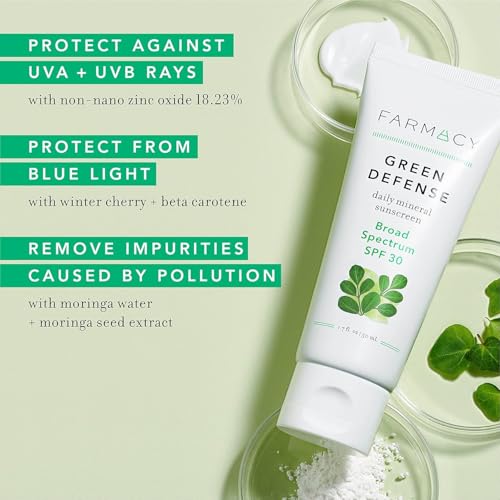 Farmacy Mineral Face Sunscreen SPF 30 - Broad Spectrum Zinc Oxide Sunscreen for Face - Daily Defense Sheer Mineral SPF for Sensitive Skin - Absorbs Quickly + Leaves No White Cast (50ml)