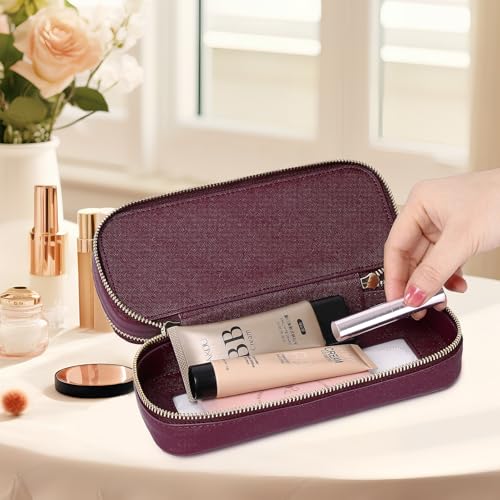 Pinkmik Double Layer Makeup Bag Makeup Brush Case Waterproof Travel Cosmetic & Toiletry Bag Purse Organizer and Car Essentials for Women (X/Burgundy, Double SLIM)