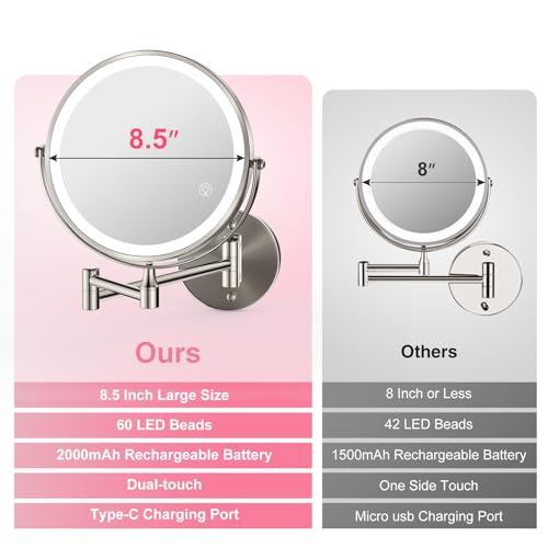 8.5 Inch Magnifying Mirror with Lights, Wall Mounted Makeup Mirror, Dual-Sided 1X/20X, Bright LED Lighting, Space-Saving Design for Bathroom & Vanity, Brushed Nickel