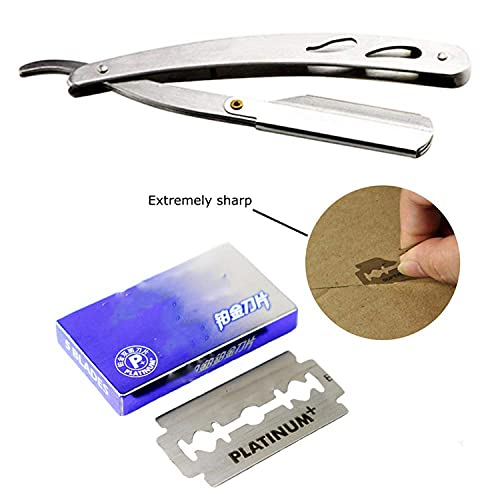 Stainless Steel Straight Edge Barber Shaving Razor Sicastar¢ç Folding Straight Razor Single Edge Replaceable Blades fit for All of Double Edge Razor Blades (Silver)