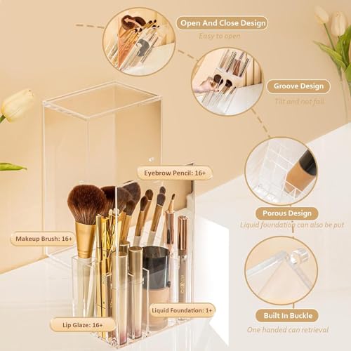 VORA Makeup Brush Holder, Clear Make Up Brush Holder Organizer with 17 Slots, Tilt Open Large Makeup Brush Holde with Lid, Acrylic Makeup Organizer for Vanity Decor Office Home