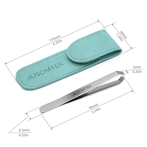 Beard Tweezers, White Hair Plucking, Fine Hair Removal, Eyebrows Shaping Tool, 5mm Tip, Stainless Steel, Cyan PU Case 1Pack