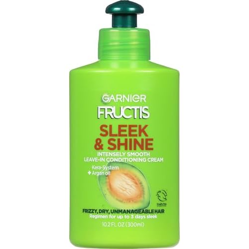 Garnier Fructis Sleek & Shine Leave-In Conditioning Cream for Frizzy, Dry Hair, Plant Keratin + Argan Oil, 10.2 Fl Oz, 1 Count (Packaging May Vary) (Pack of 2)