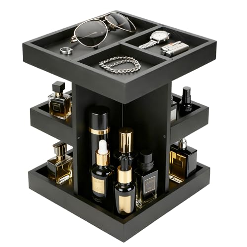 Cologne Organizer for Men, 3-Tier Perfume Stand with 360¡Æ Rotation, Large Capacity Wood Cologne Shelf for Desk, Nightstand Organizer, Dresser, Birthday Christmas Gifts for Men (Black)