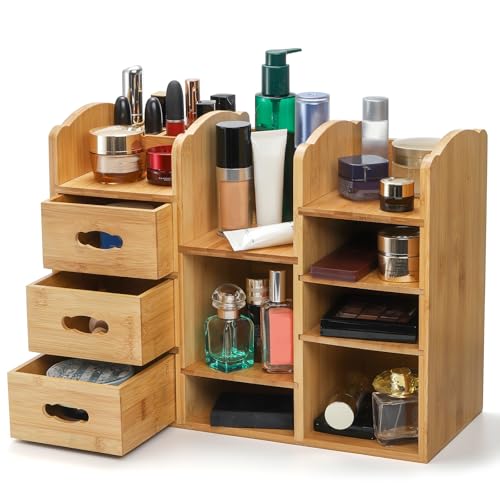 Coloch Bamboo Makeup Organizer with Drawers, Large Cosmetics Storage Shelf for Vanity Countertop Skincare Organizer for Desktop, Skincare, Beauty Supplies, Cosmetics Display, Stationery Storage