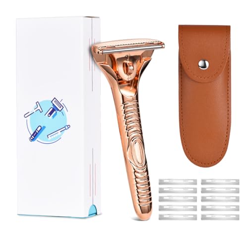 Single Blade Razors for Men and Women, Reusable Modular Safety Razor with Magnetic Head and Metal Non-Slip Grip, 10 Single Edge Razor Blades & Leather Case,Rose Gold Roller